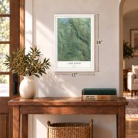 Lake Davis, California map, 12 x 18 inch print in a white frame in an entryway