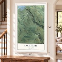 Lake Davis, California map, 24 x 36 inch print in a white frame by a staircase