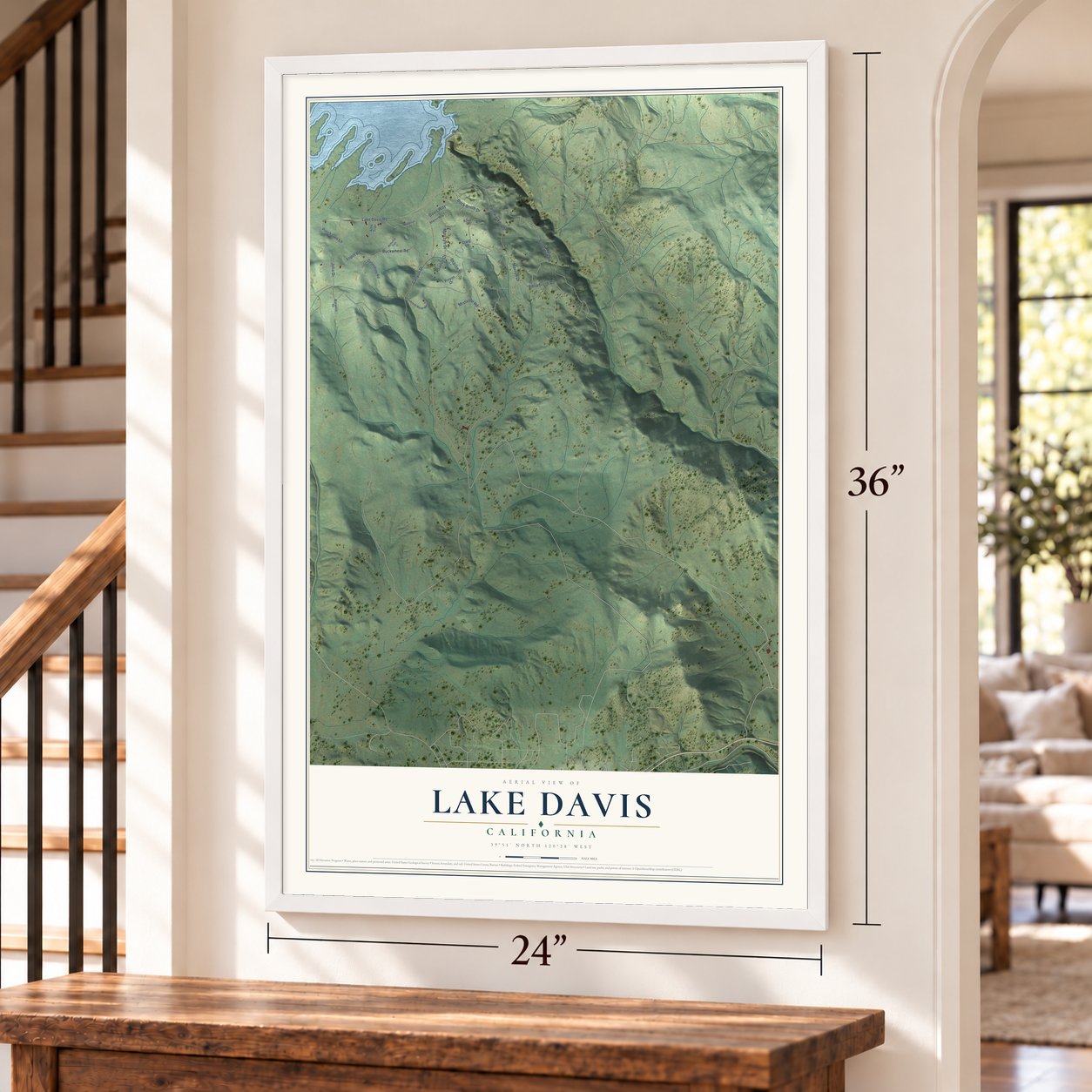 Lake Davis, California map, 24 x 36 inch print in a white frame by a staircase