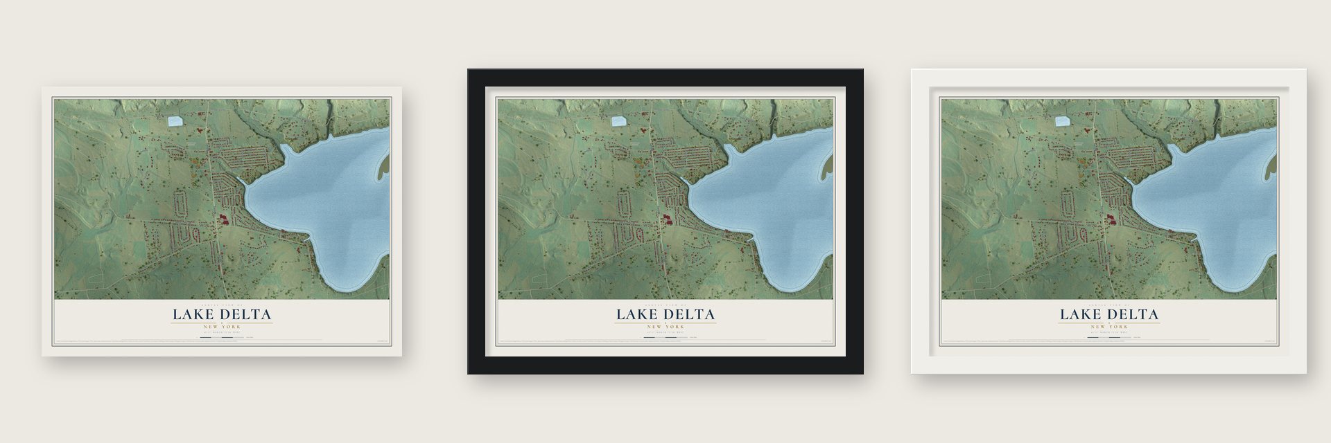 Lake Delta, New York map unframed, in a black wood frame and in a white wood frame