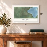 Lake Delta, New York map, 12 x 18 inch print in a white frame in an entryway