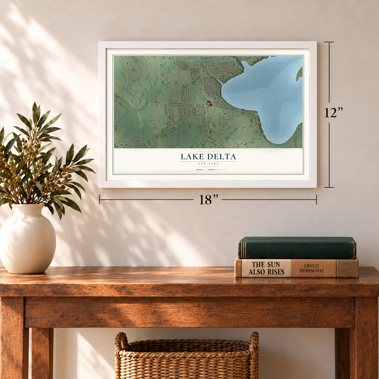 Lake Delta, New York map, 12 x 18 inch print in a white frame in an entryway
