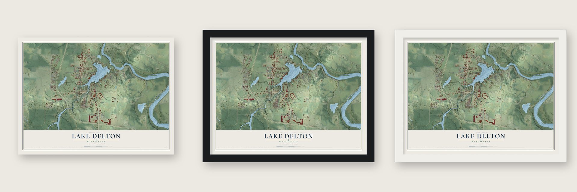 Lake Delton, Wisconsin map unframed, in a black wood frame and in a white wood frame