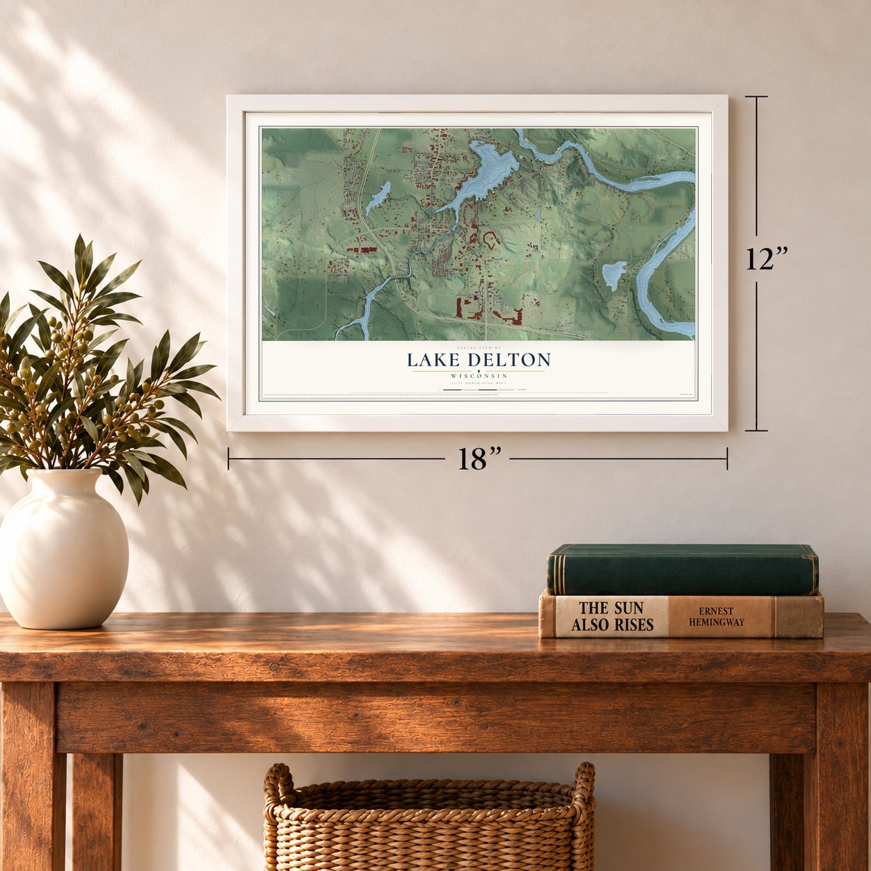 Lake Delton, Wisconsin map, 12 x 18 inch print in a white frame in an entryway