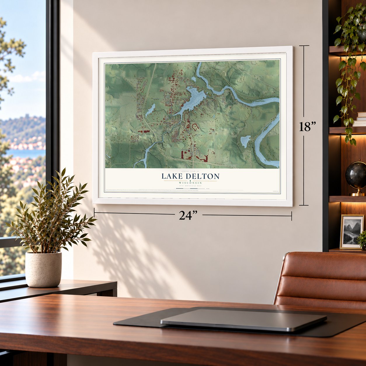 Lake Delton, Wisconsin map, 18 x 24 inch print in a white frame in a home office