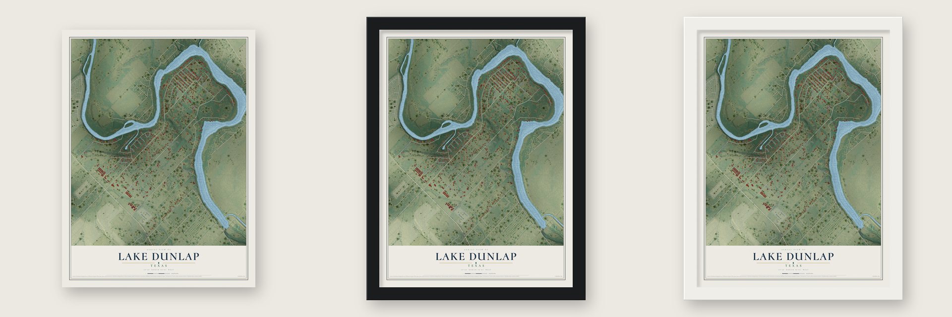 Lake Dunlap, Texas map unframed, in a black wood frame and in a white wood frame