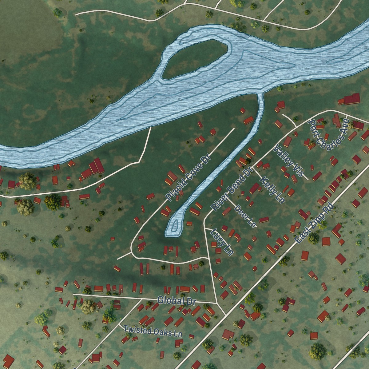 Second close-up of the map of Lake Dunlap, Texas print showing more streets and buildings