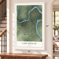 Lake Dunlap, Texas map, 24 x 36 inch print in a white frame by a staircase