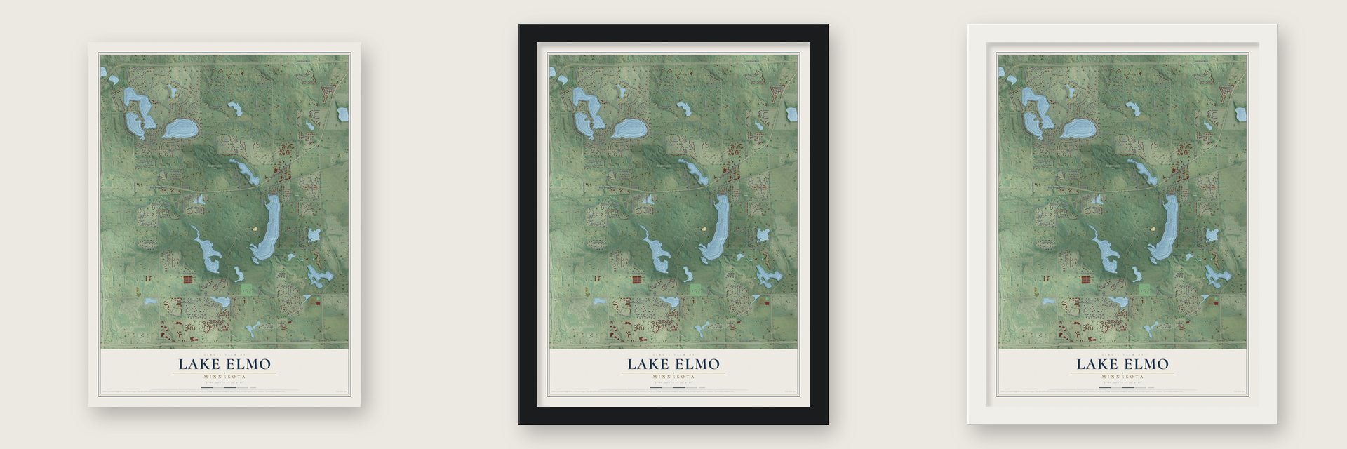 Lake Elmo, Minnesota map unframed, in a black wood frame and in a white wood frame