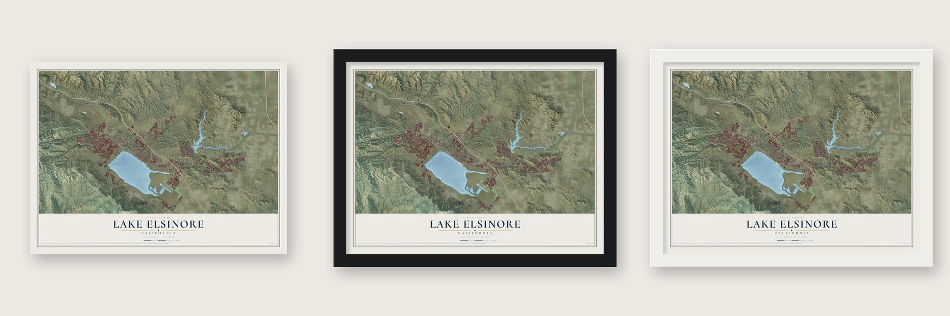 Lake Elsinore, California map unframed, in a black wood frame and in a white wood frame