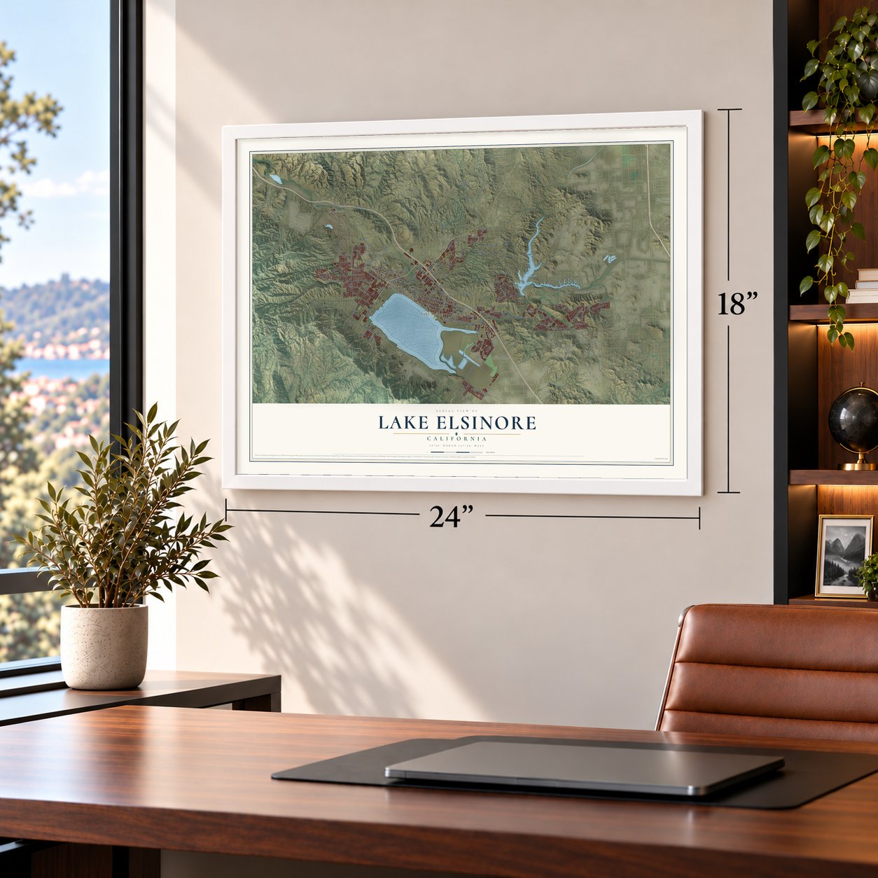 Lake Elsinore, California map, 18 x 24 inch print in a white frame in a home office