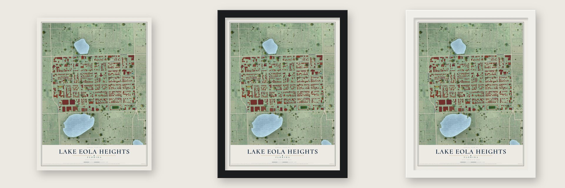 Lake Eola Heights, Florida map unframed, in a black wood frame and in a white wood frame