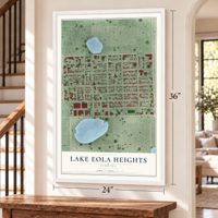 Lake Eola Heights, Florida map, 24 x 36 inch print in a white frame by a staircase