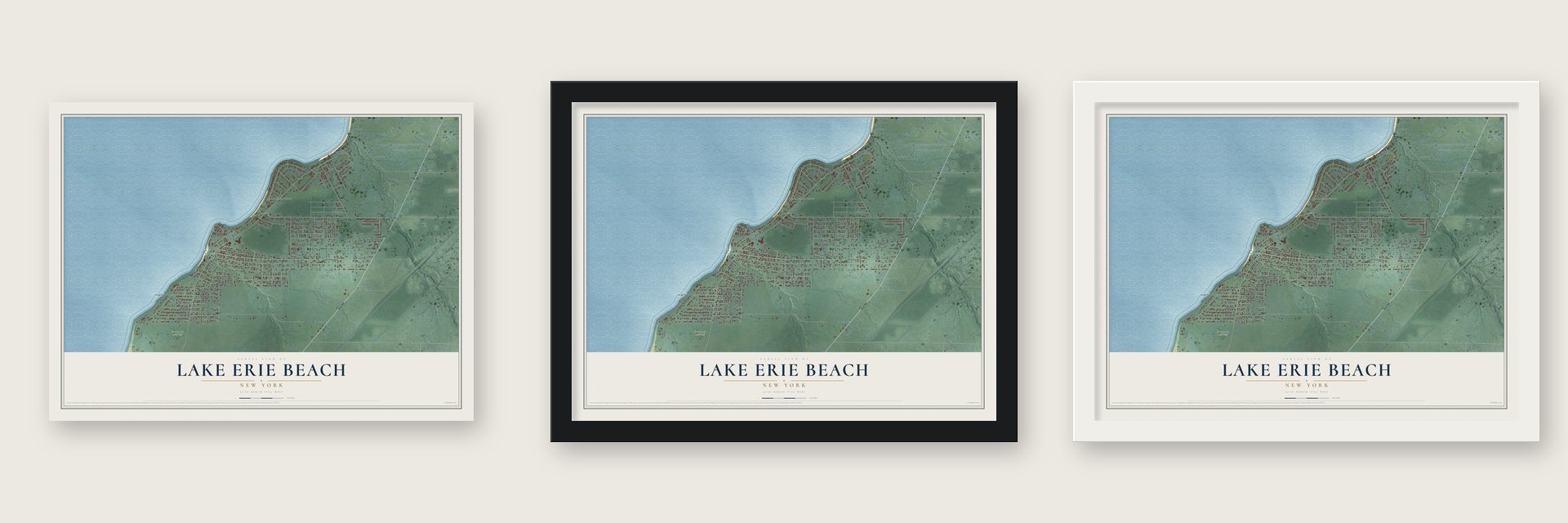 Lake Erie Beach, New York map unframed, in a black wood frame and in a white wood frame