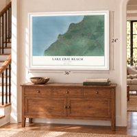 Lake Erie Beach, New York map, 24 x 36 inch print in a white frame above a dresser by a staircase