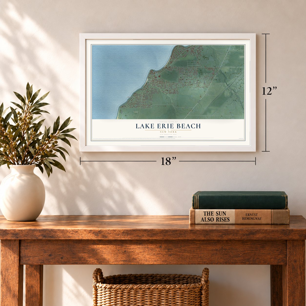 Lake Erie Beach, New York map, 12 x 18 inch print in a white frame in an entryway