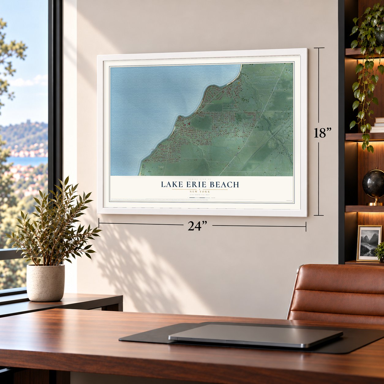 Lake Erie Beach, New York map, 18 x 24 inch print in a white frame in a home office