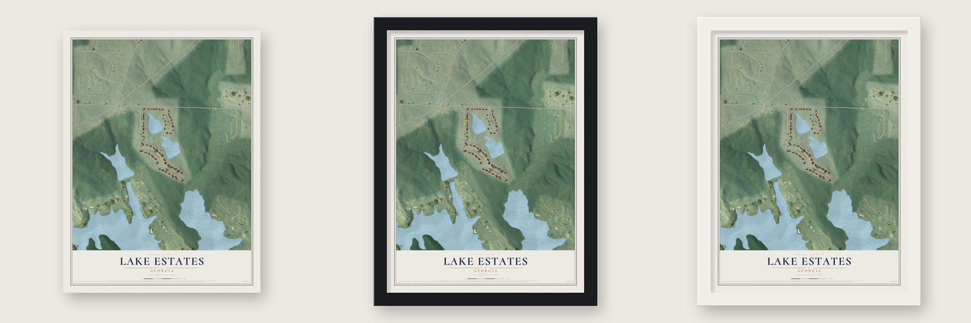 Lake Estates, Georgia map unframed, in a black wood frame and in a white wood frame