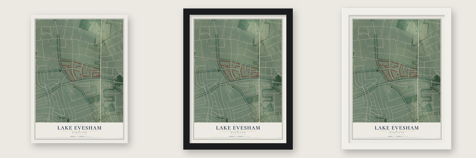 Lake Evesham, Maryland map unframed, in a black wood frame and in a white wood frame