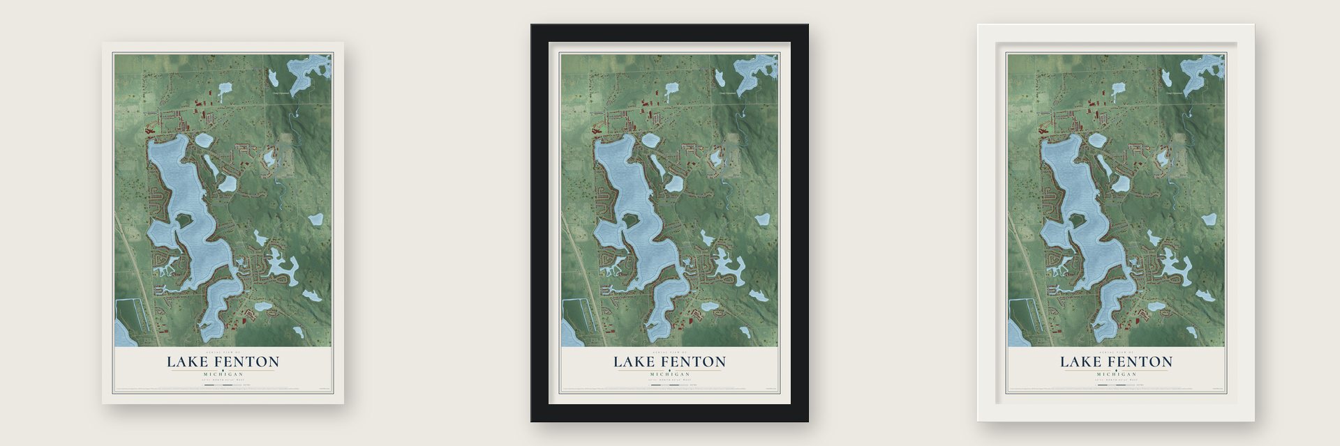 Lake Fenton, Michigan map unframed, in a black wood frame and in a white wood frame