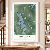 Lake Fenton, Michigan map, 24 x 36 inch print in a white frame by a staircase