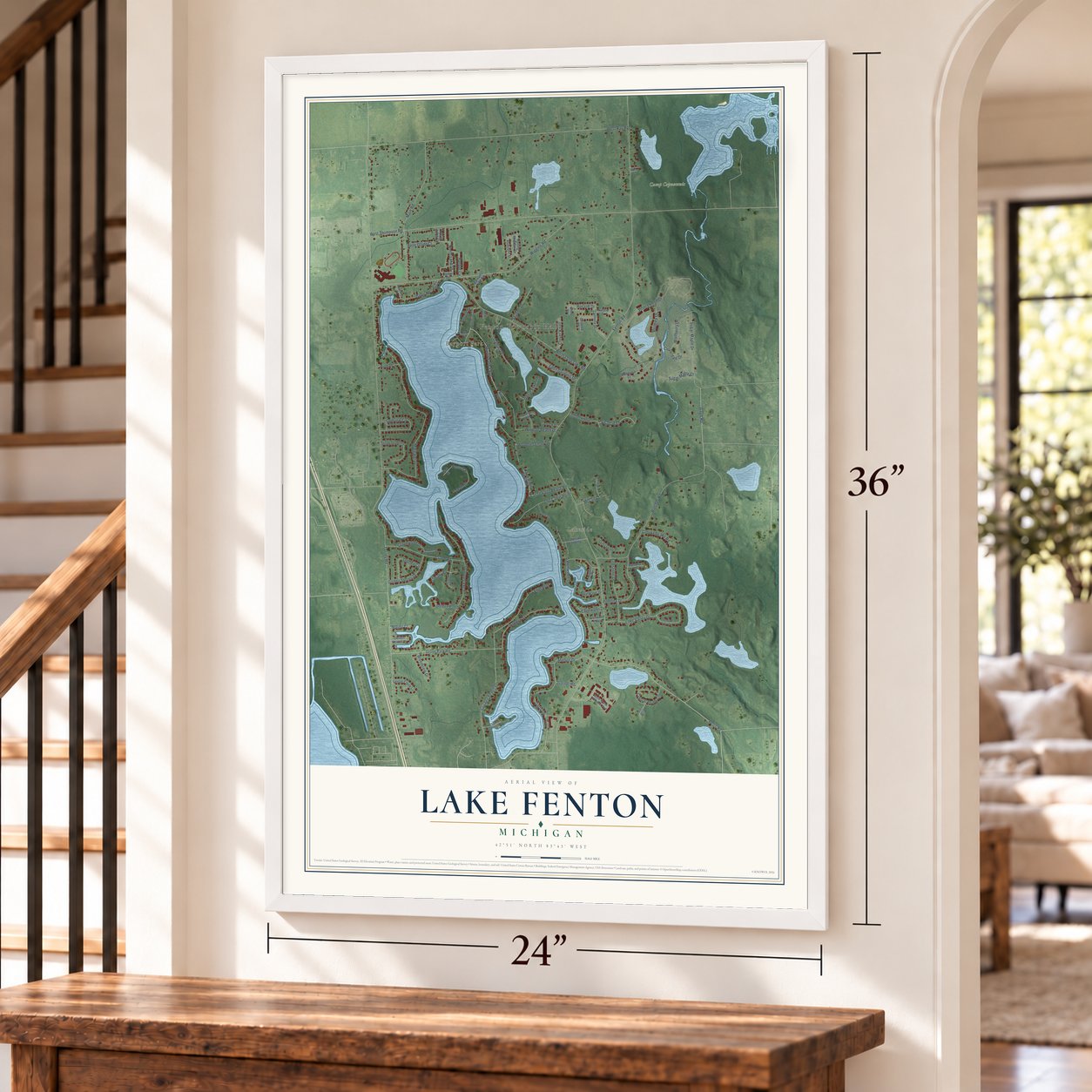 Lake Fenton, Michigan map, 24 x 36 inch print in a white frame by a staircase