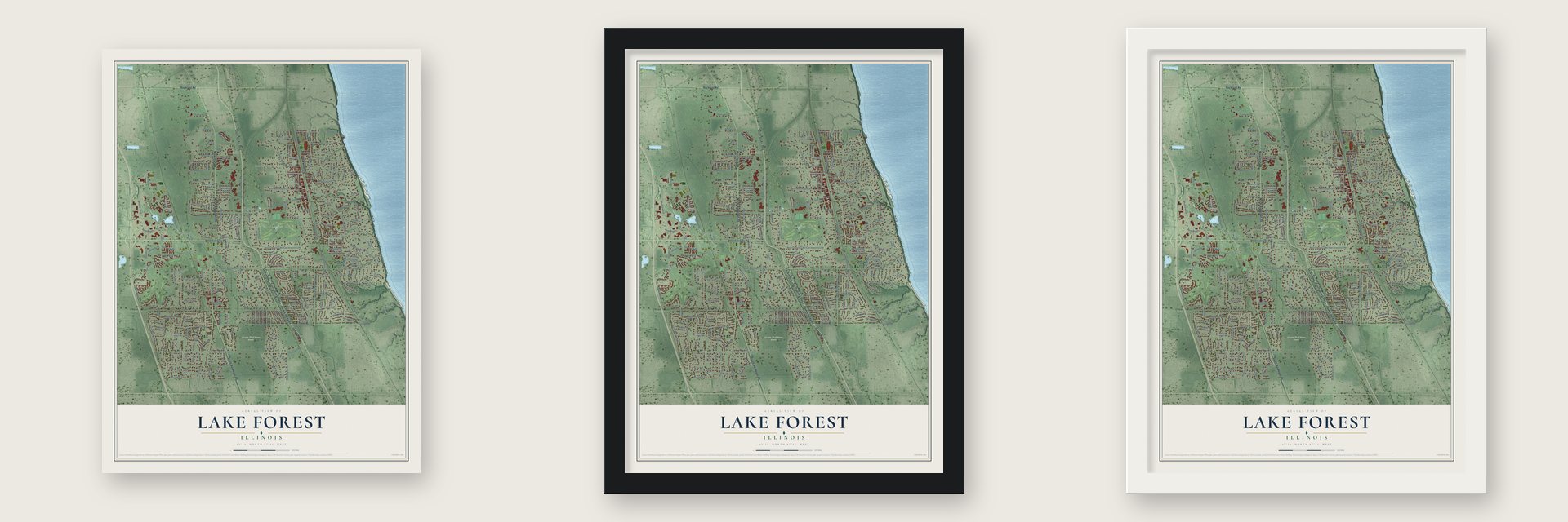 Lake Forest, Illinois map unframed, in a black wood frame and in a white wood frame