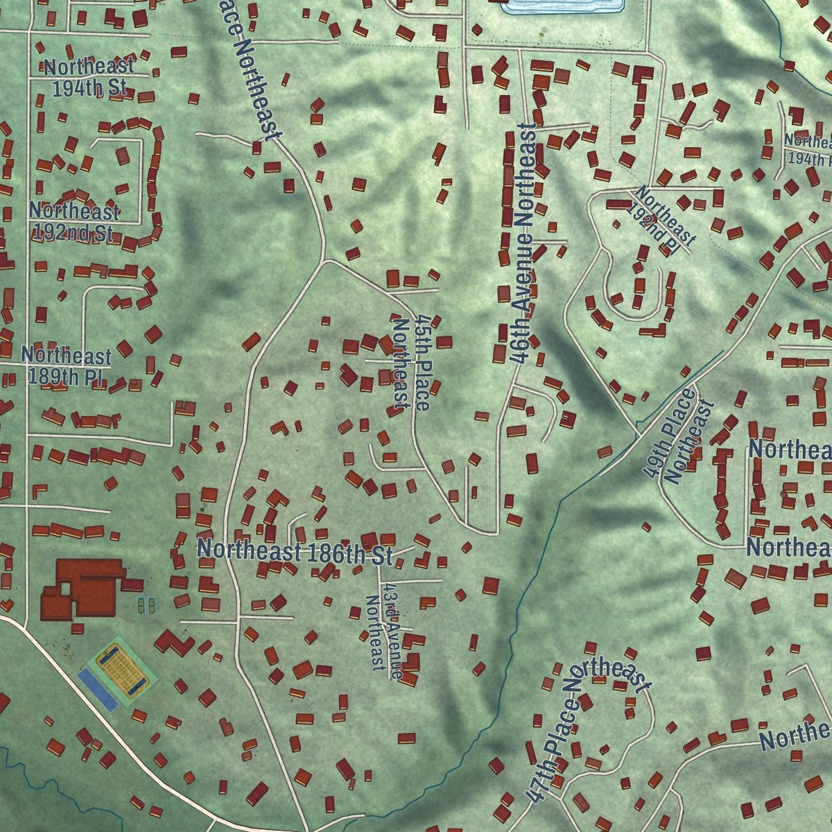 Second close-up of the map of Lake Forest Park, Washington print showing more streets and buildings