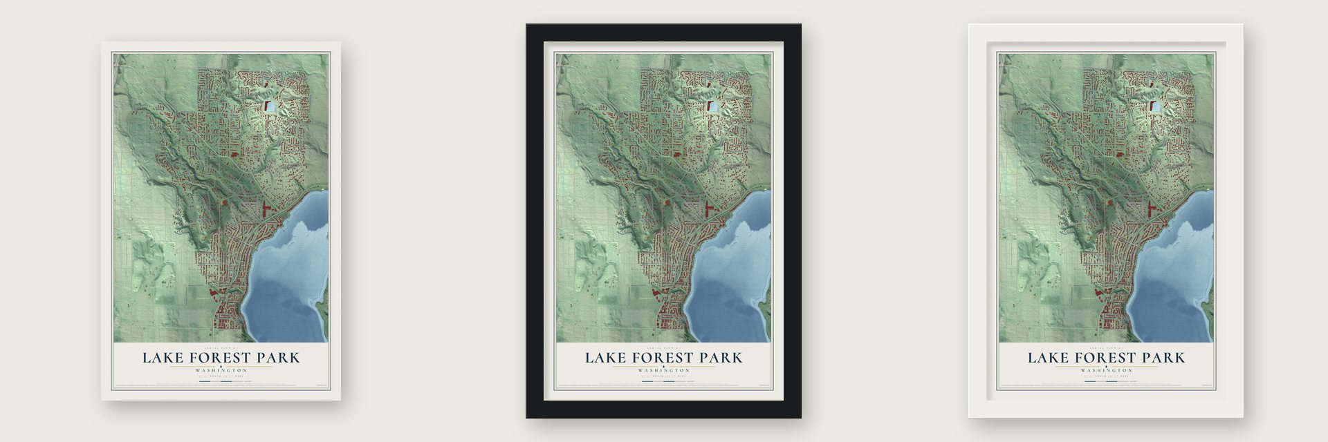 Lake Forest Park, Washington map unframed, in a black wood frame and in a white wood frame
