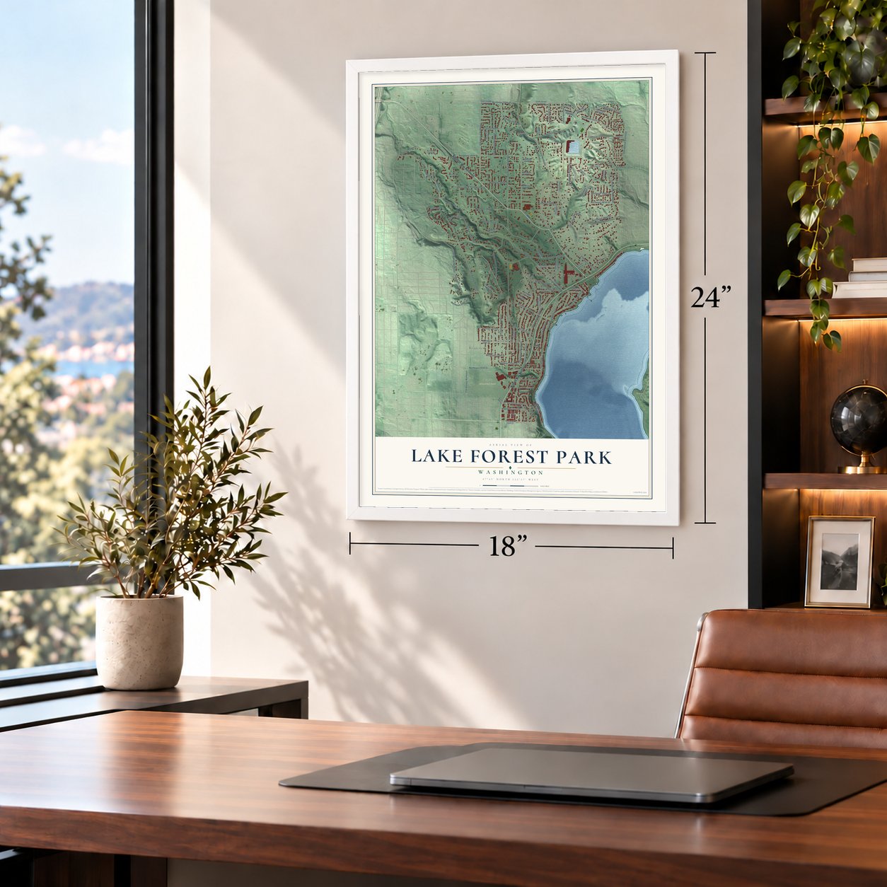 Lake Forest Park, Washington map, 18 x 24 inch print in a white frame in a home office