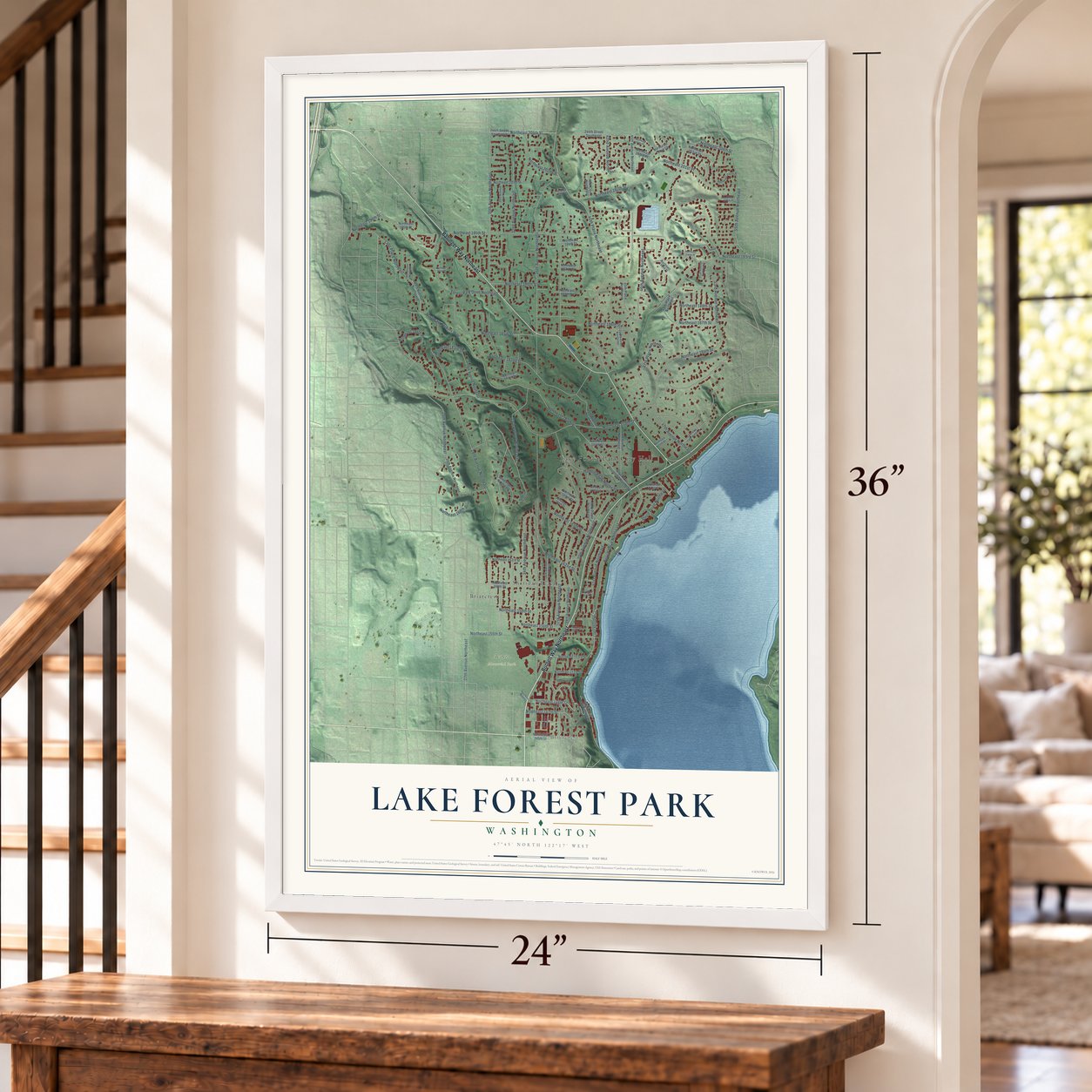 Lake Forest Park, Washington map, 24 x 36 inch print in a white frame by a staircase