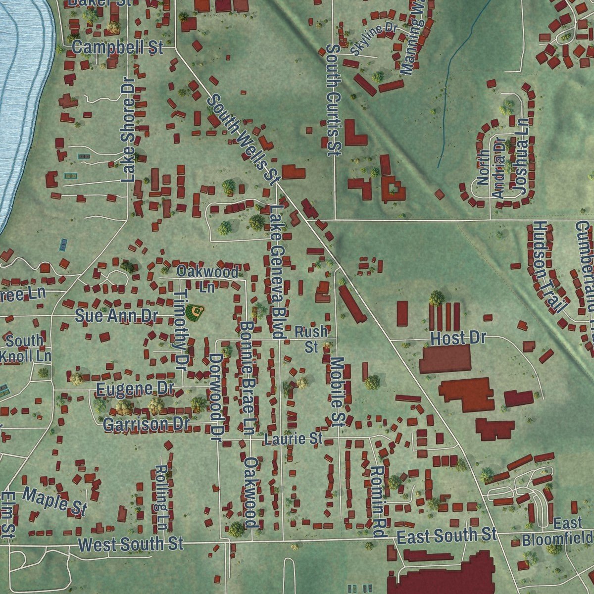 Second close-up of the map of Lake Geneva, Wisconsin print showing more streets and buildings