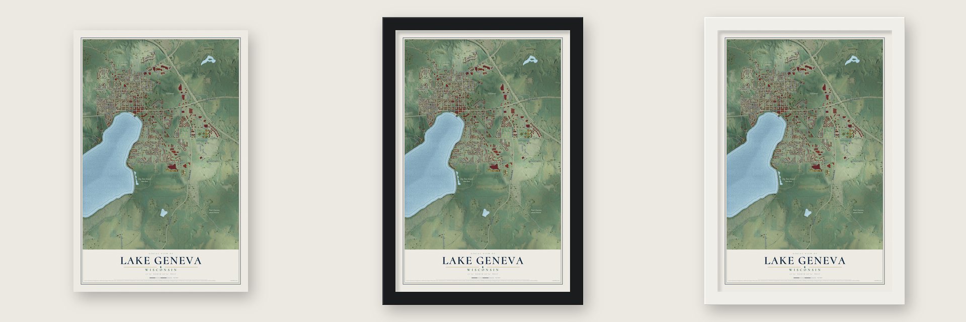 Lake Geneva, Wisconsin map unframed, in a black wood frame and in a white wood frame