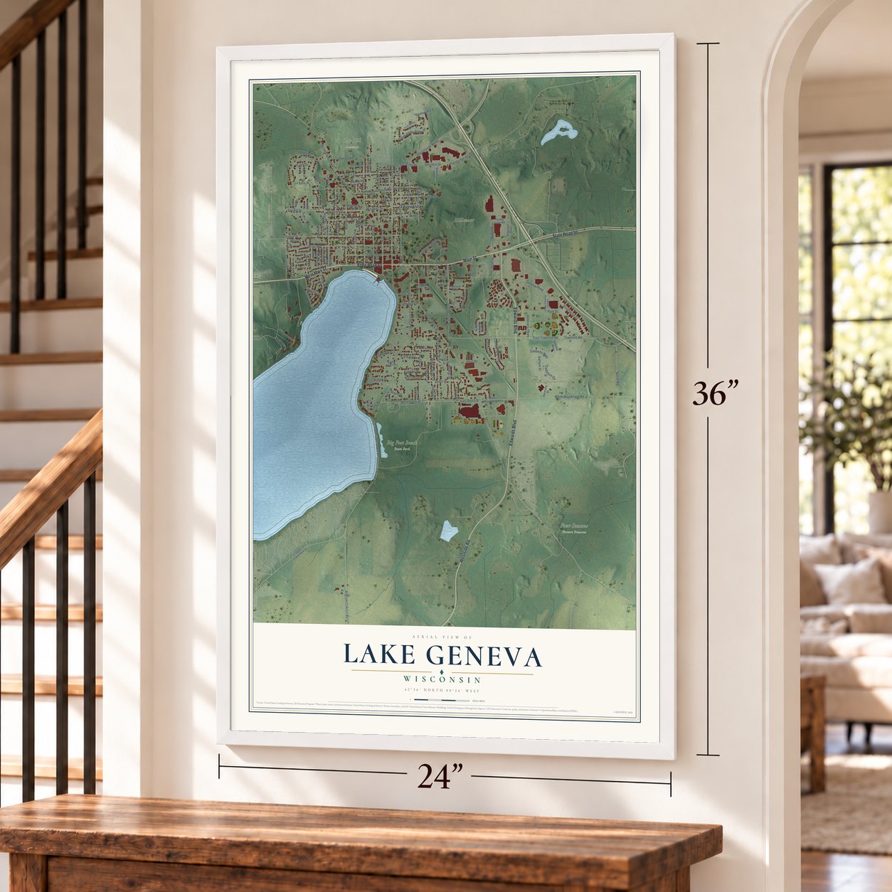 Lake Geneva, Wisconsin map, 24 x 36 inch print in a white frame by a staircase