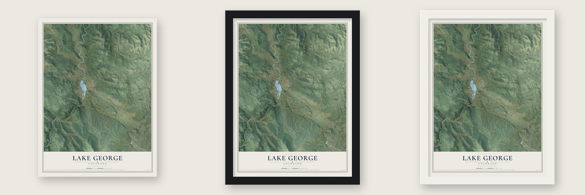 Lake George, Colorado map unframed, in a black wood frame and in a white wood frame