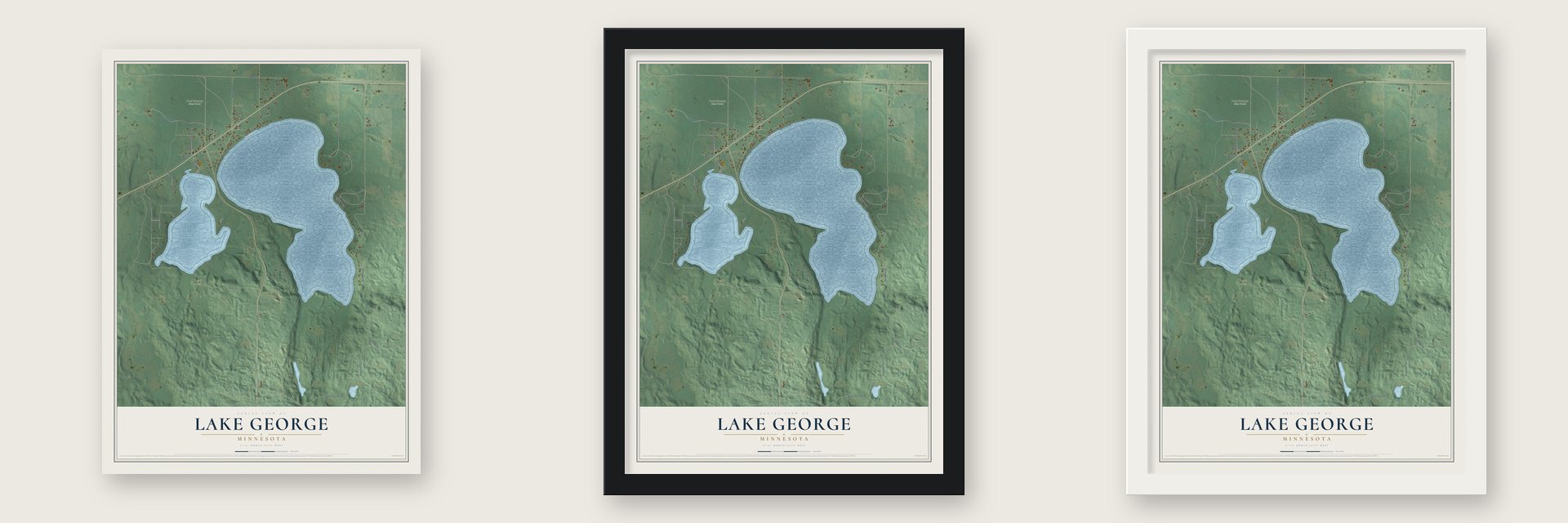 Lake George, Minnesota map unframed, in a black wood frame and in a white wood frame