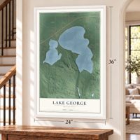 Lake George, Minnesota map, 24 x 36 inch print in a white frame by a staircase
