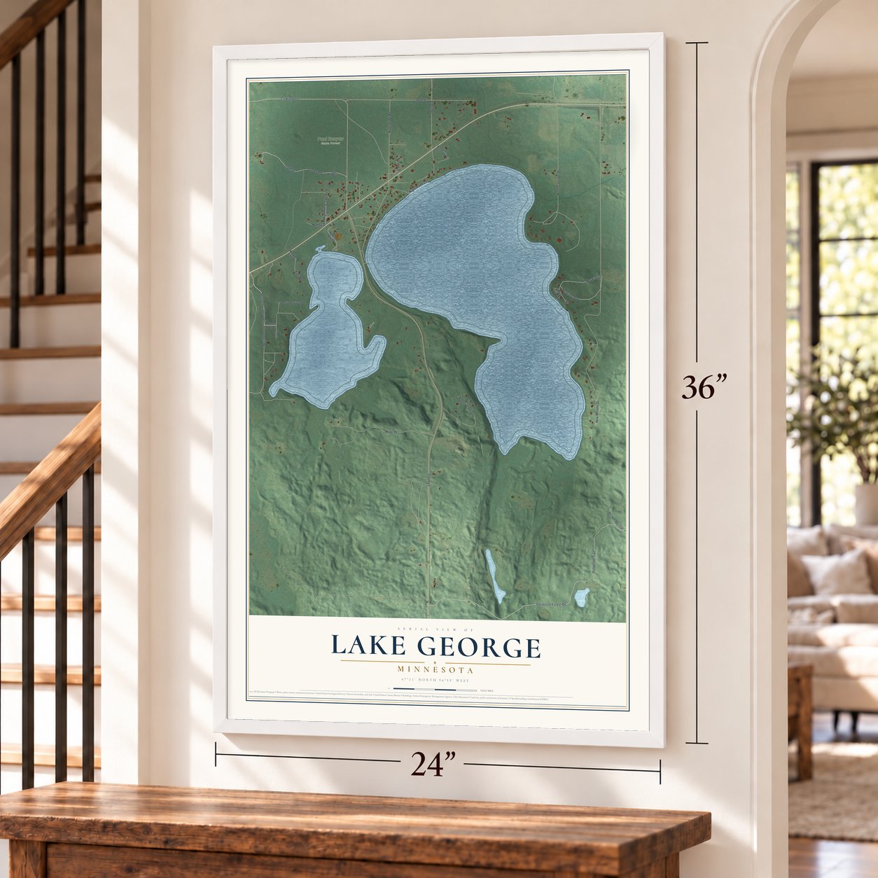 Lake George, Minnesota map, 24 x 36 inch print in a white frame by a staircase