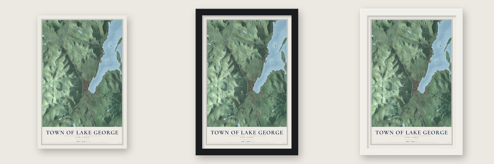 Town of Lake George, New York map unframed, in a black wood frame and in a white wood frame
