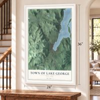Town of Lake George, New York map, 24 x 36 inch print in a white frame by a staircase