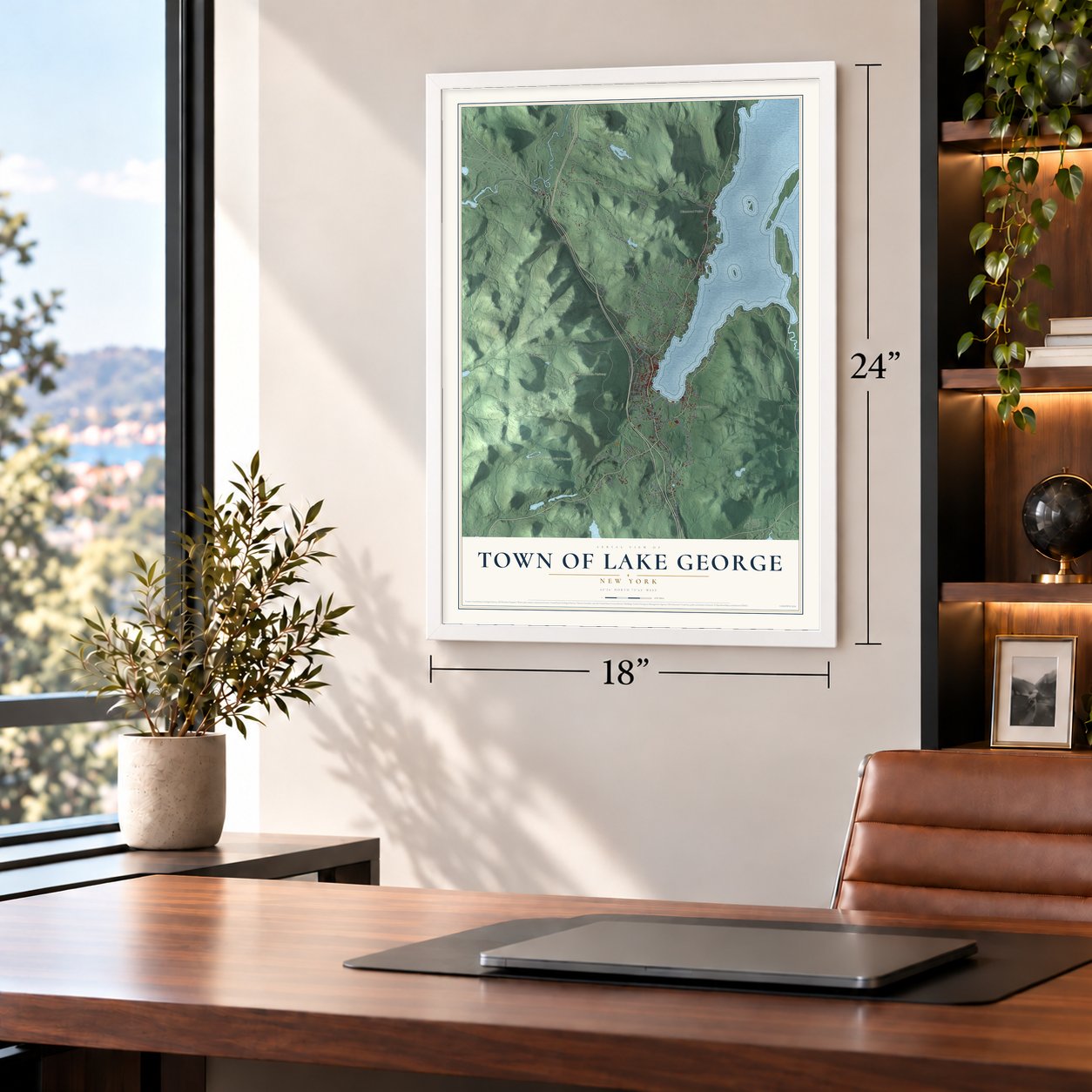 Town of Lake George, New York map, 18 x 24 inch print in a white frame in a home office
