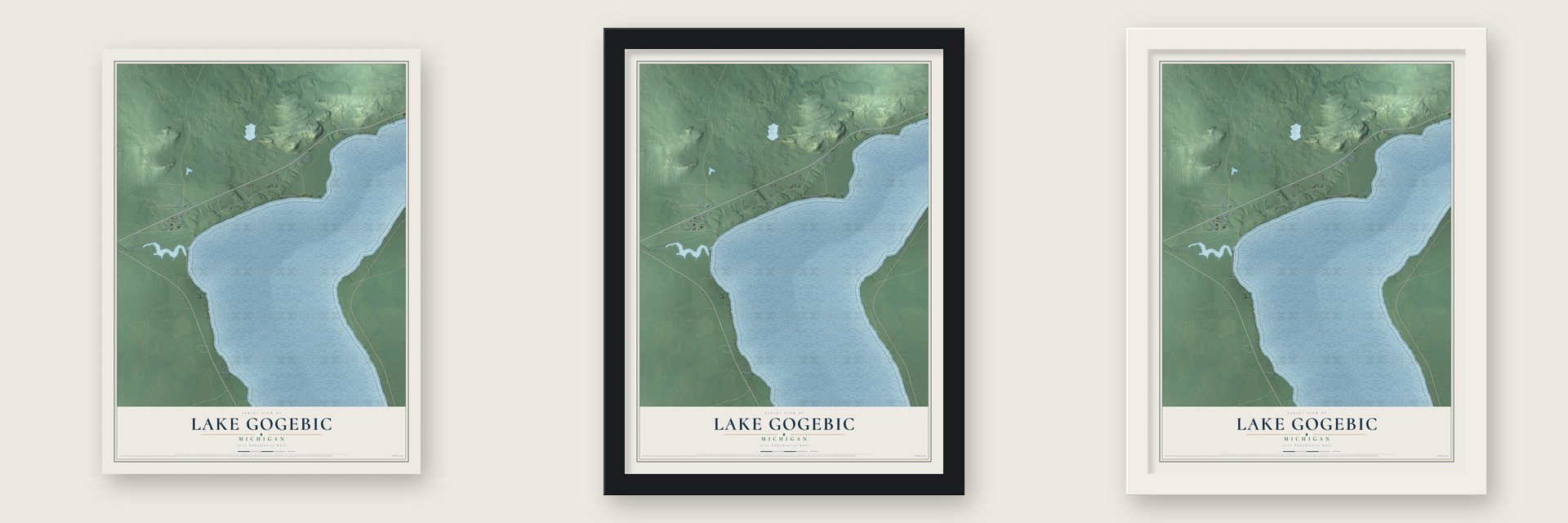 Lake Gogebic, Michigan map unframed, in a black wood frame and in a white wood frame