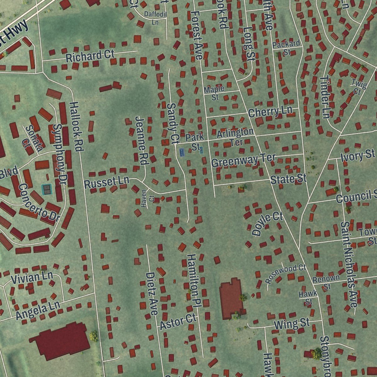 Second close-up of the map of Lake Grove, New York print showing more streets and buildings