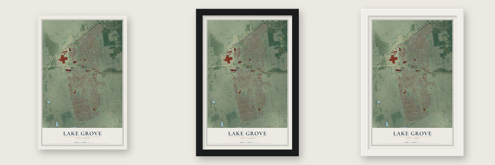 Lake Grove, New York map unframed, in a black wood frame and in a white wood frame