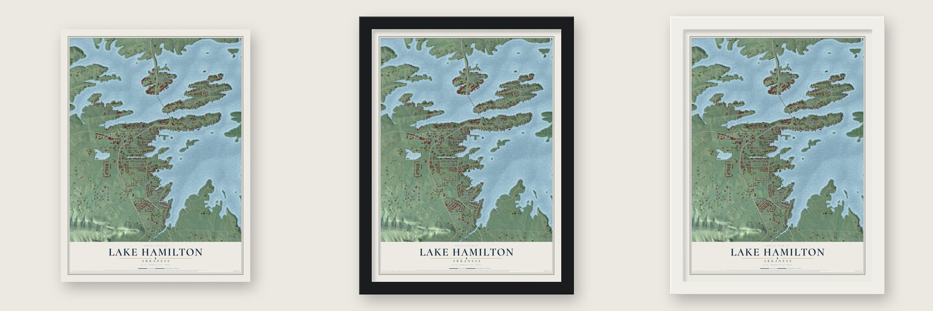 Lake Hamilton, Arkansas map unframed, in a black wood frame and in a white wood frame