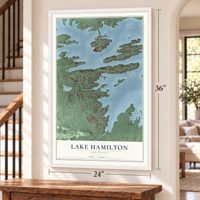 Lake Hamilton, Arkansas map, 24 x 36 inch print in a white frame by a staircase