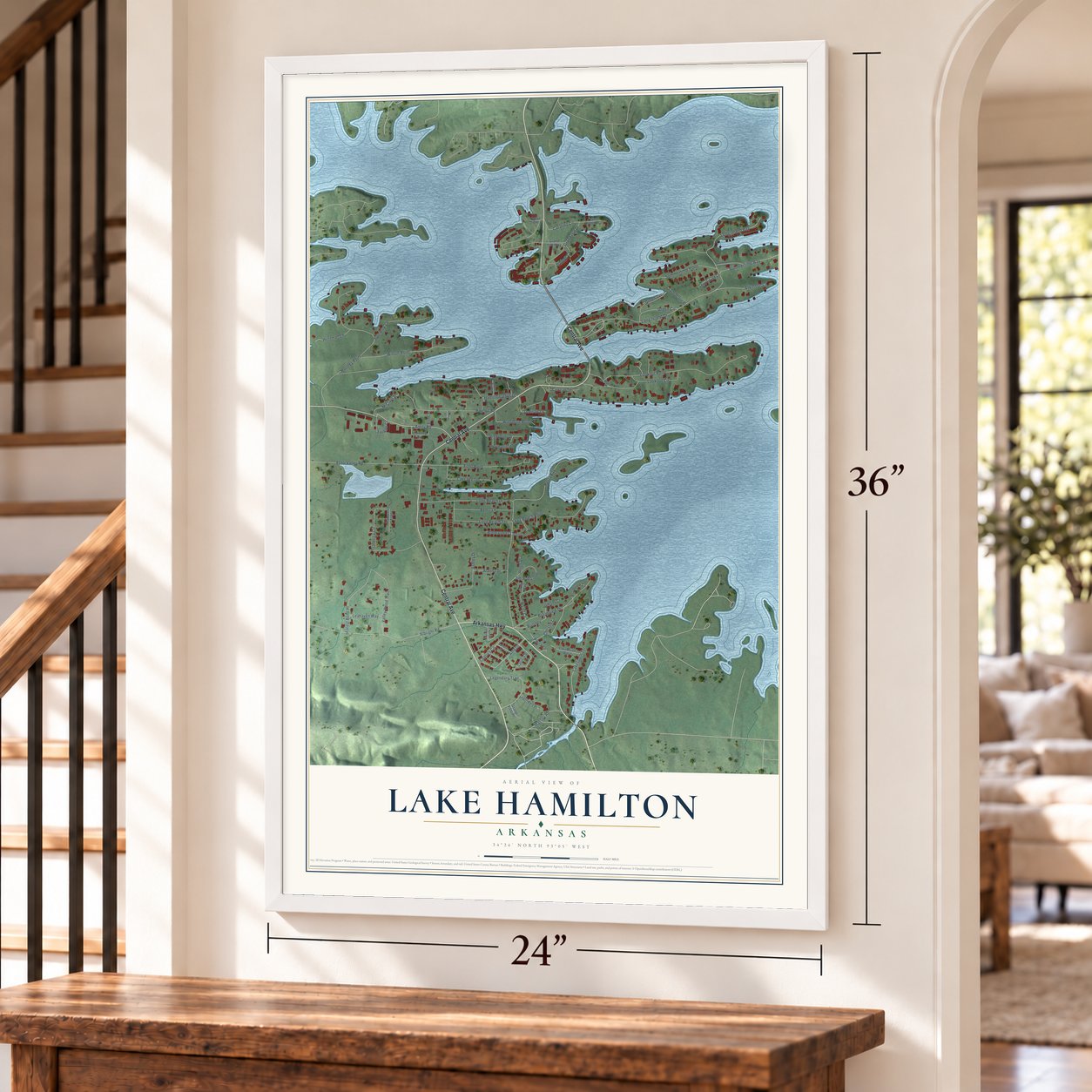 Lake Hamilton, Arkansas map, 24 x 36 inch print in a white frame by a staircase