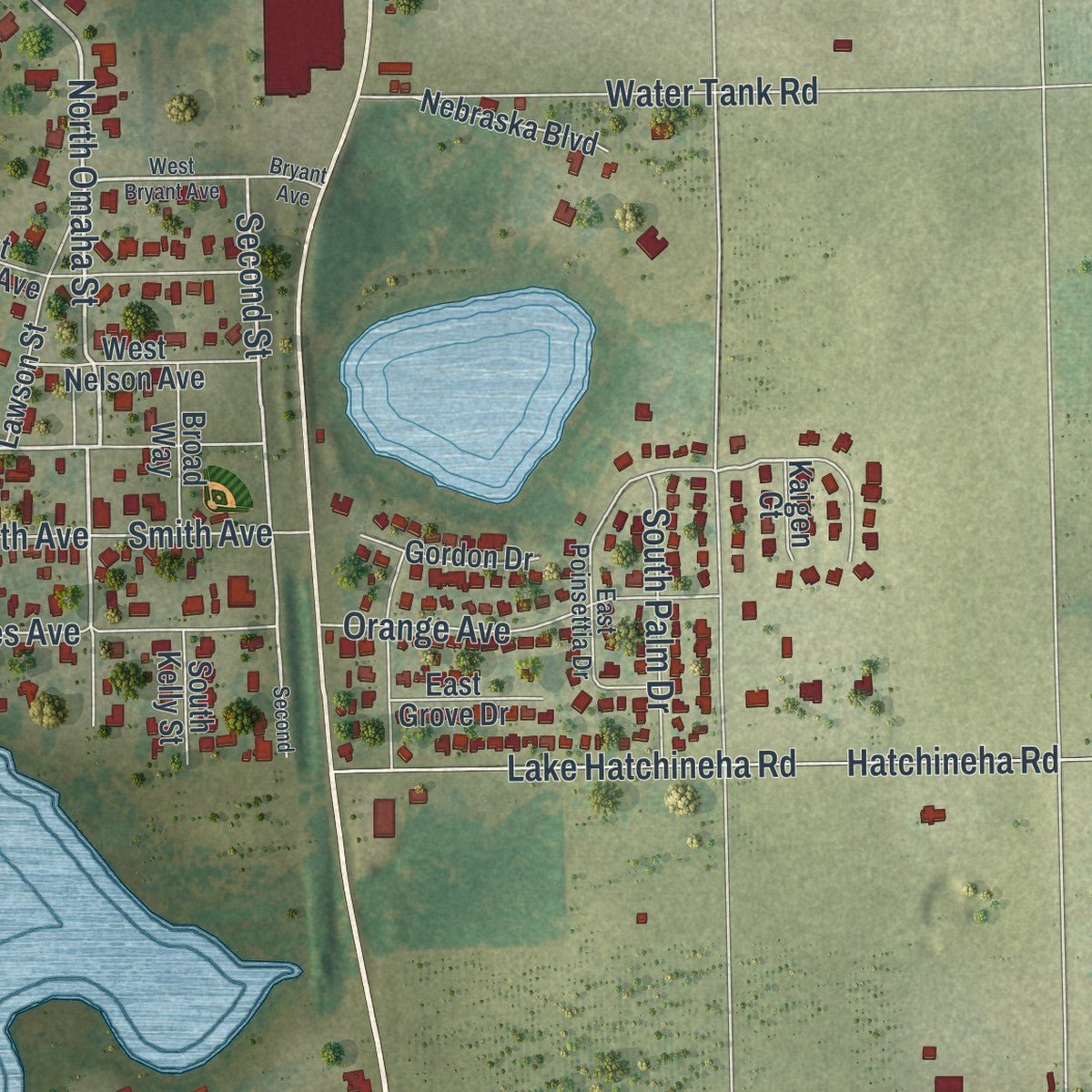 Second close-up of the map of Lake Hamilton, Florida print showing more streets and buildings