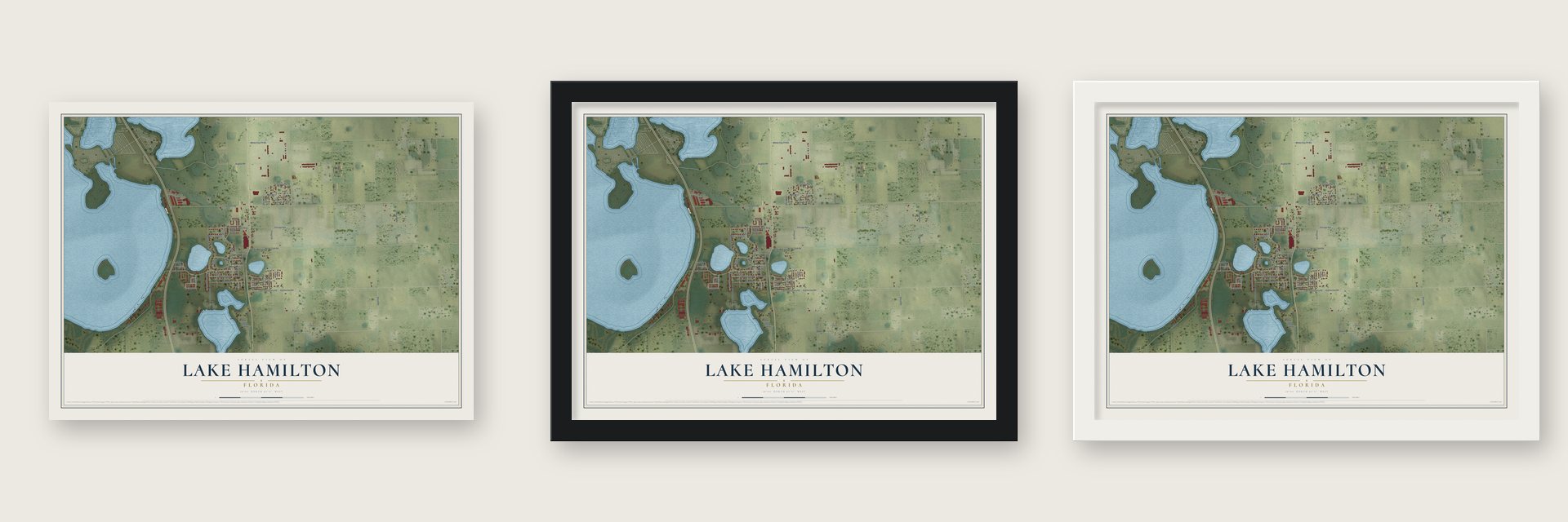 Lake Hamilton, Florida map unframed, in a black wood frame and in a white wood frame