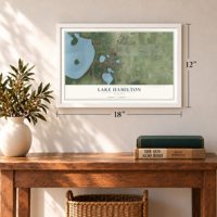 Lake Hamilton, Florida map, 12 x 18 inch print in a white frame in an entryway